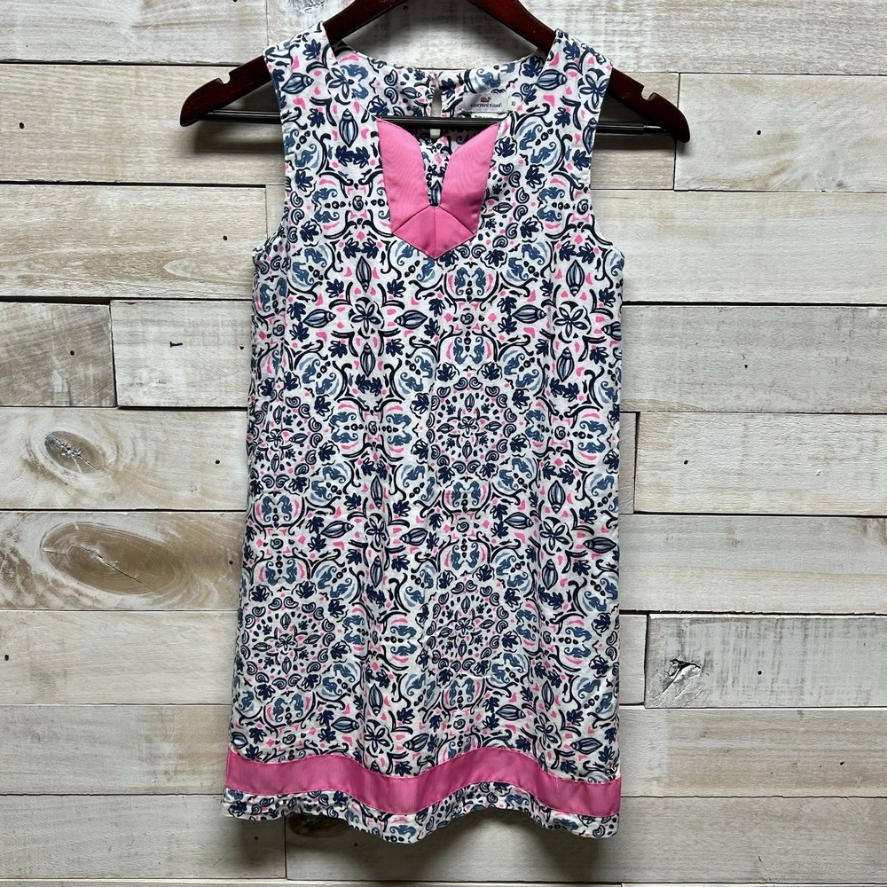 Vineyard Vines Dress Girls 10 Pink Blue Floral Linen Blend Sleeveless Coastal